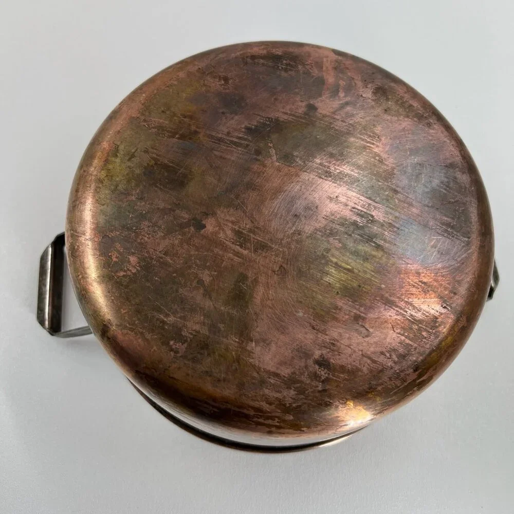 Vintage Copper Pot Stainless Steel Lined 9" Casserole Dual Brass Handles - Picture 5 of 11